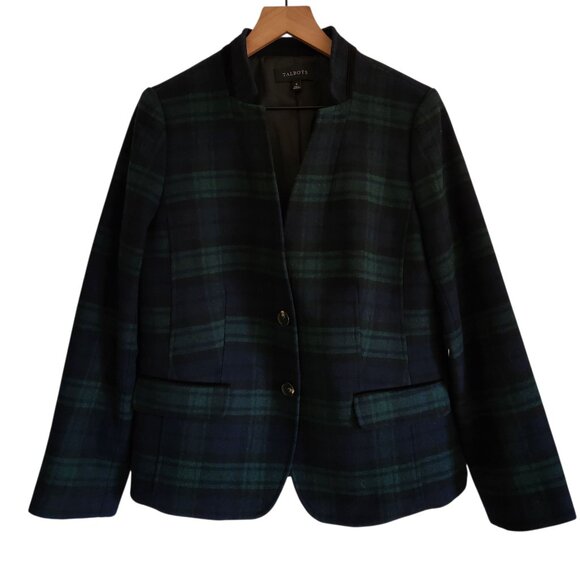Talbots Black Watch Velvet Trim Plaid Blue & Green Holiday Wool Blend Blazer 12 - Picture 5 of 10